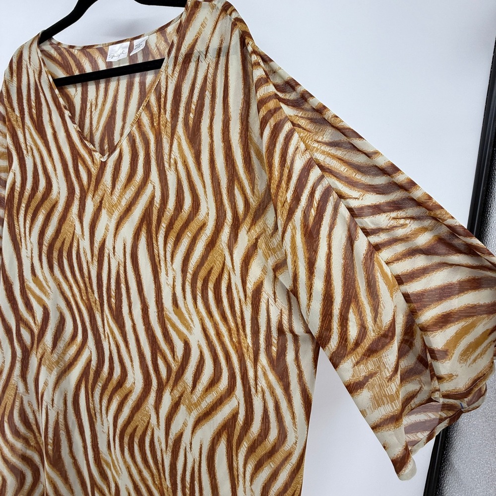 Spiegel Kaftan Dress Women XL VTG Brown Zebra Print Sheer Chiffon V-Neck Maxi